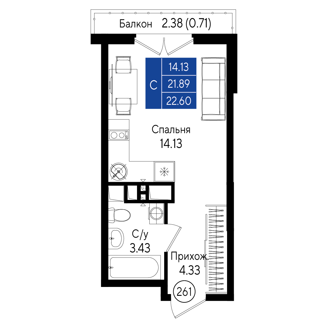 Студия, 22.6 м² · Приморье
