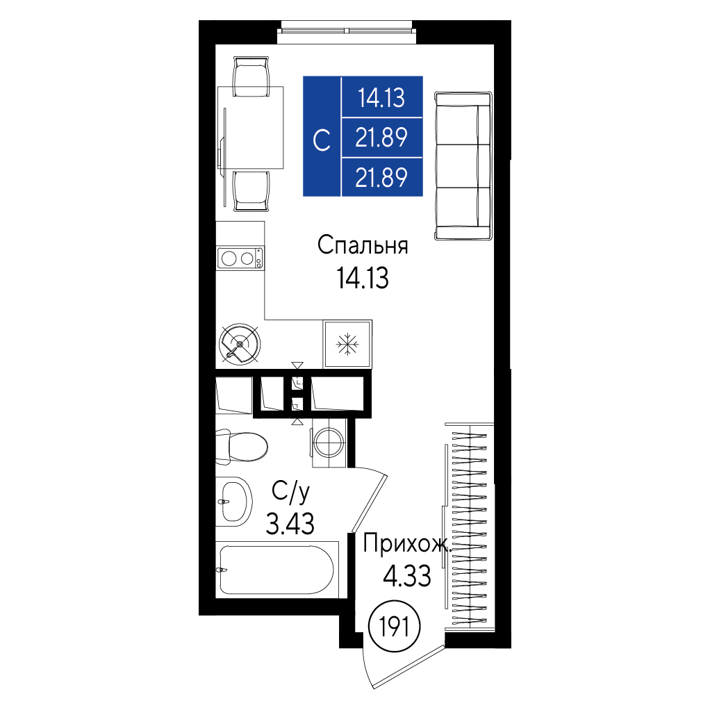 Студия, 21.89 м² · Приморье