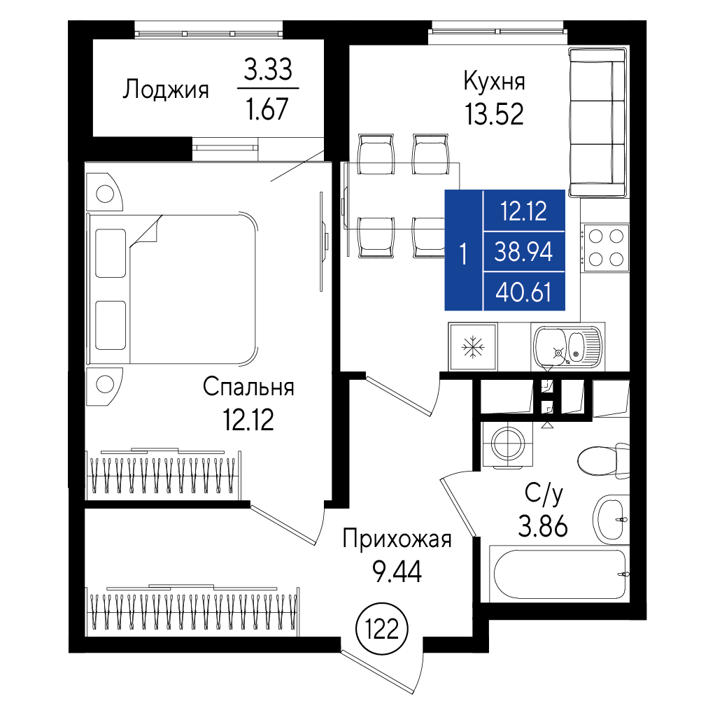 1-к, 40.6 м² · Приморье