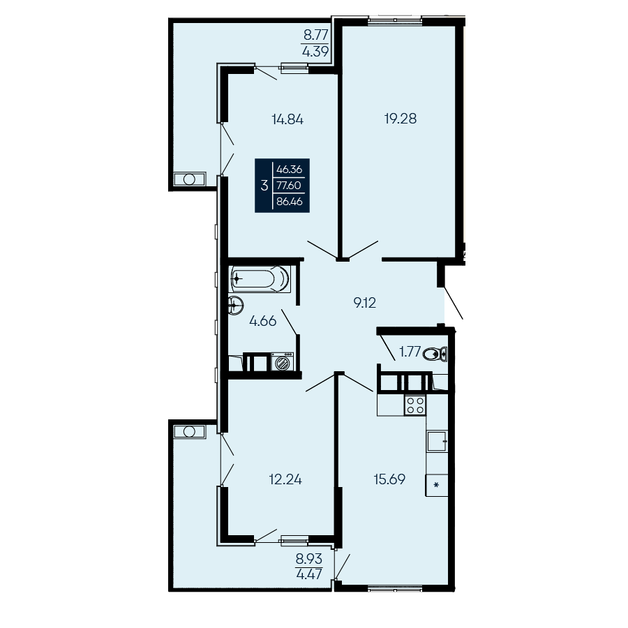 3-к, 86.46 м² · Море