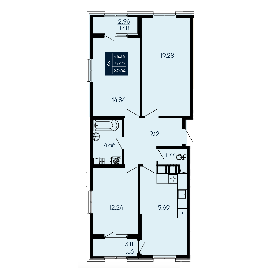 3-к, 80.64 м² · Море