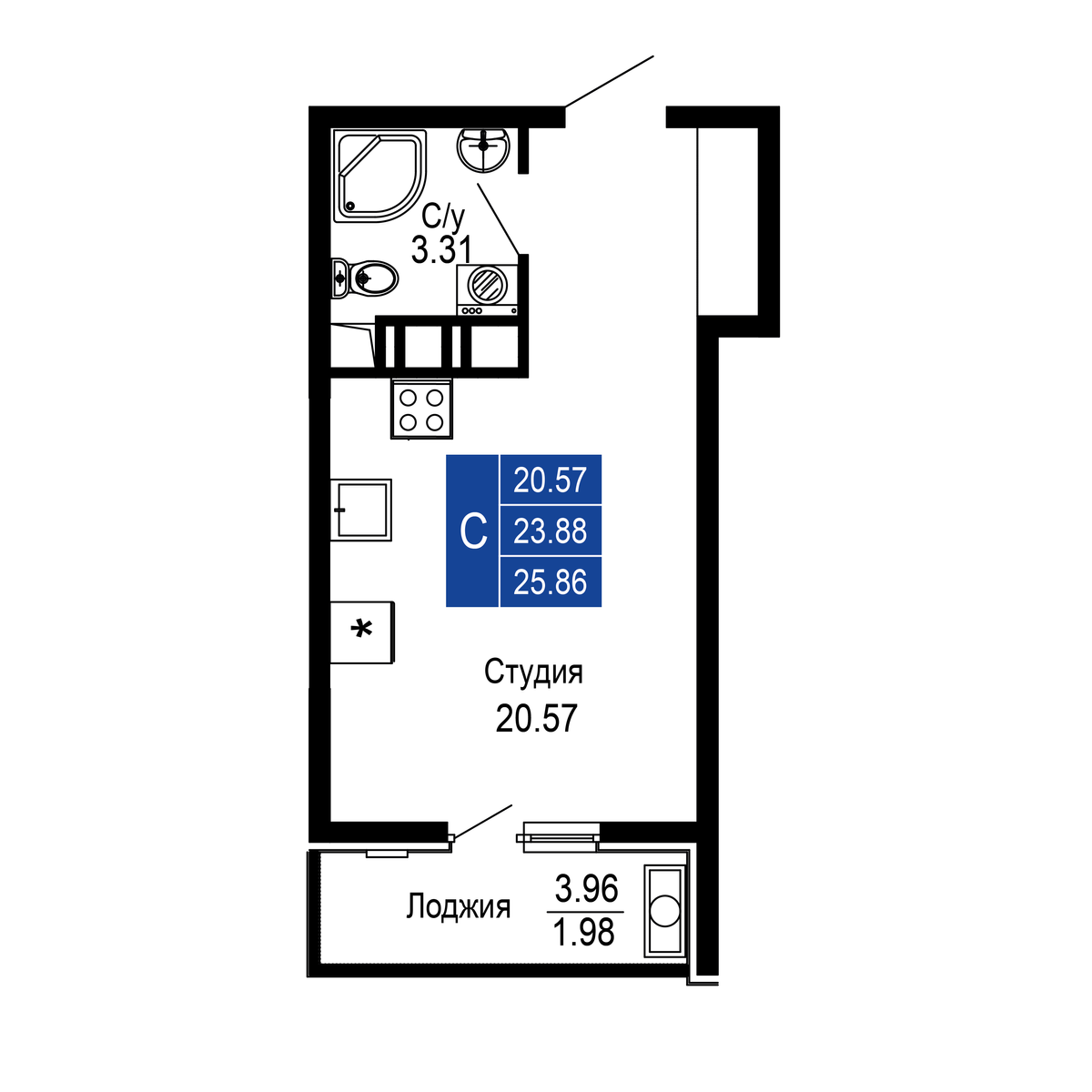 Студия, 25.86 м² · Море