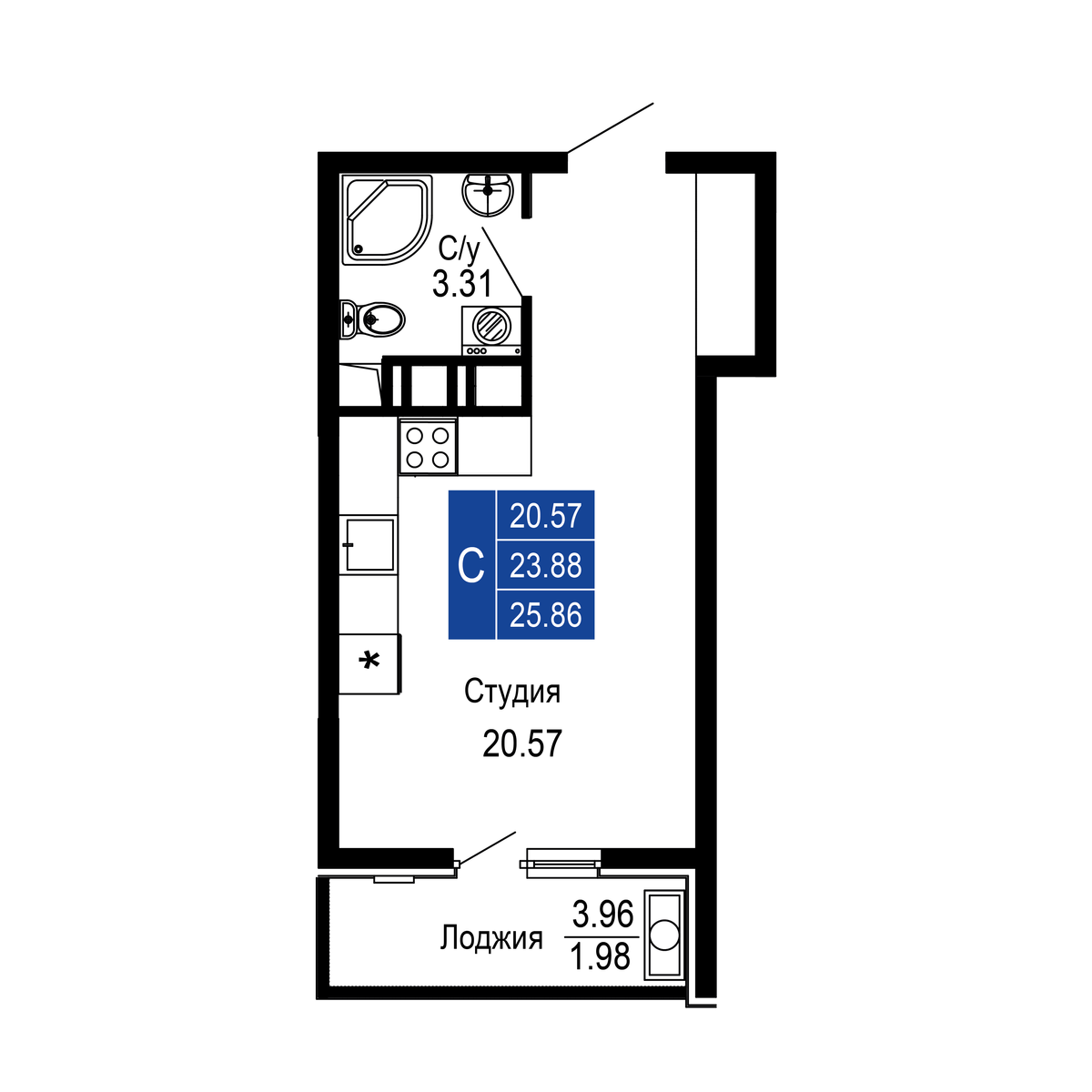 Студия, 25.86 м² · Море
