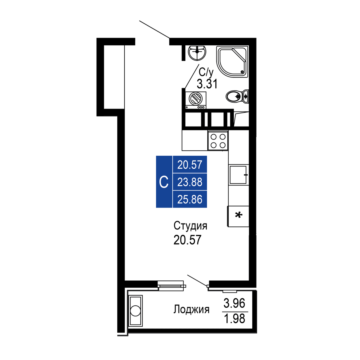 Студия, 25.86 м² · Море
