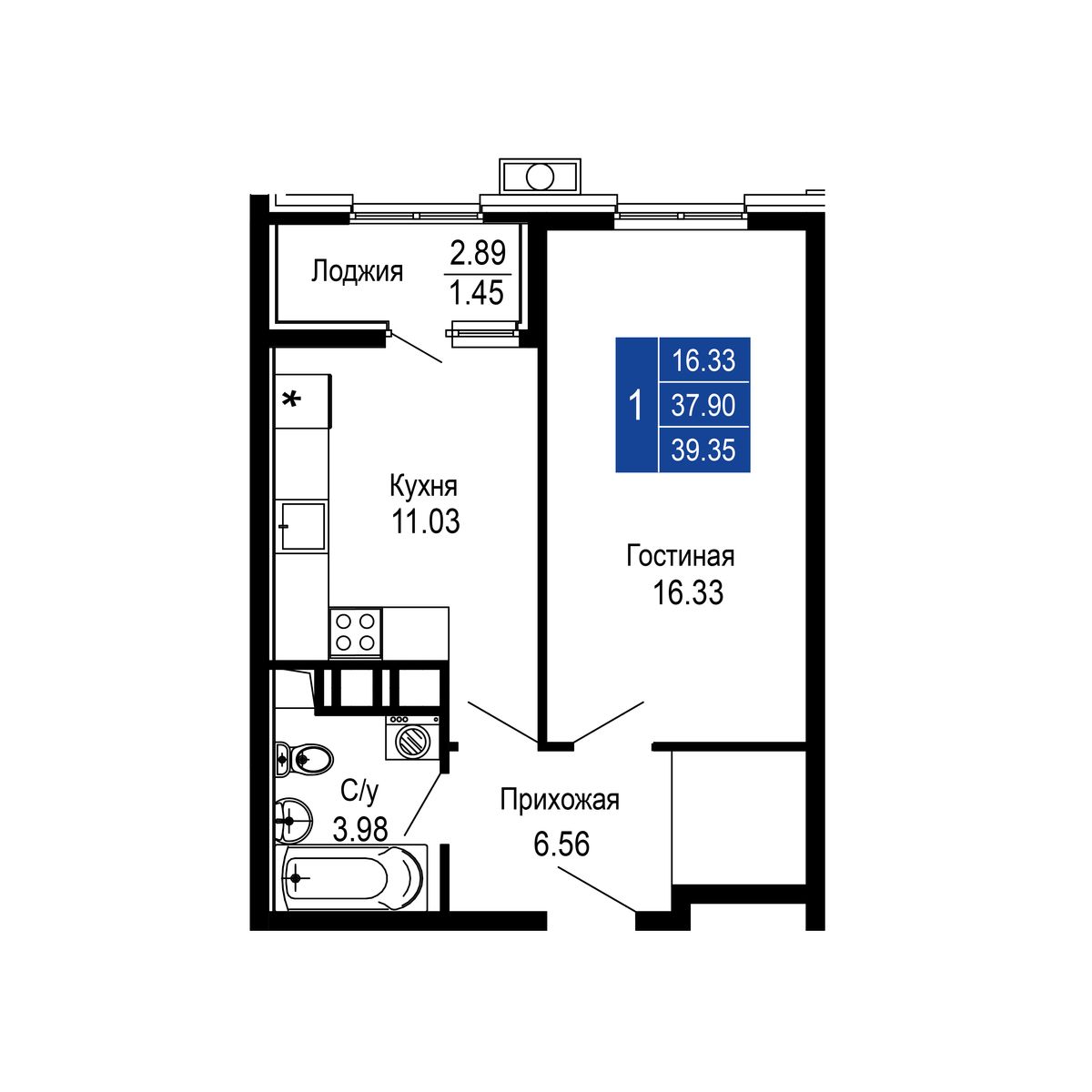 1-к, 39.35 м² · Море