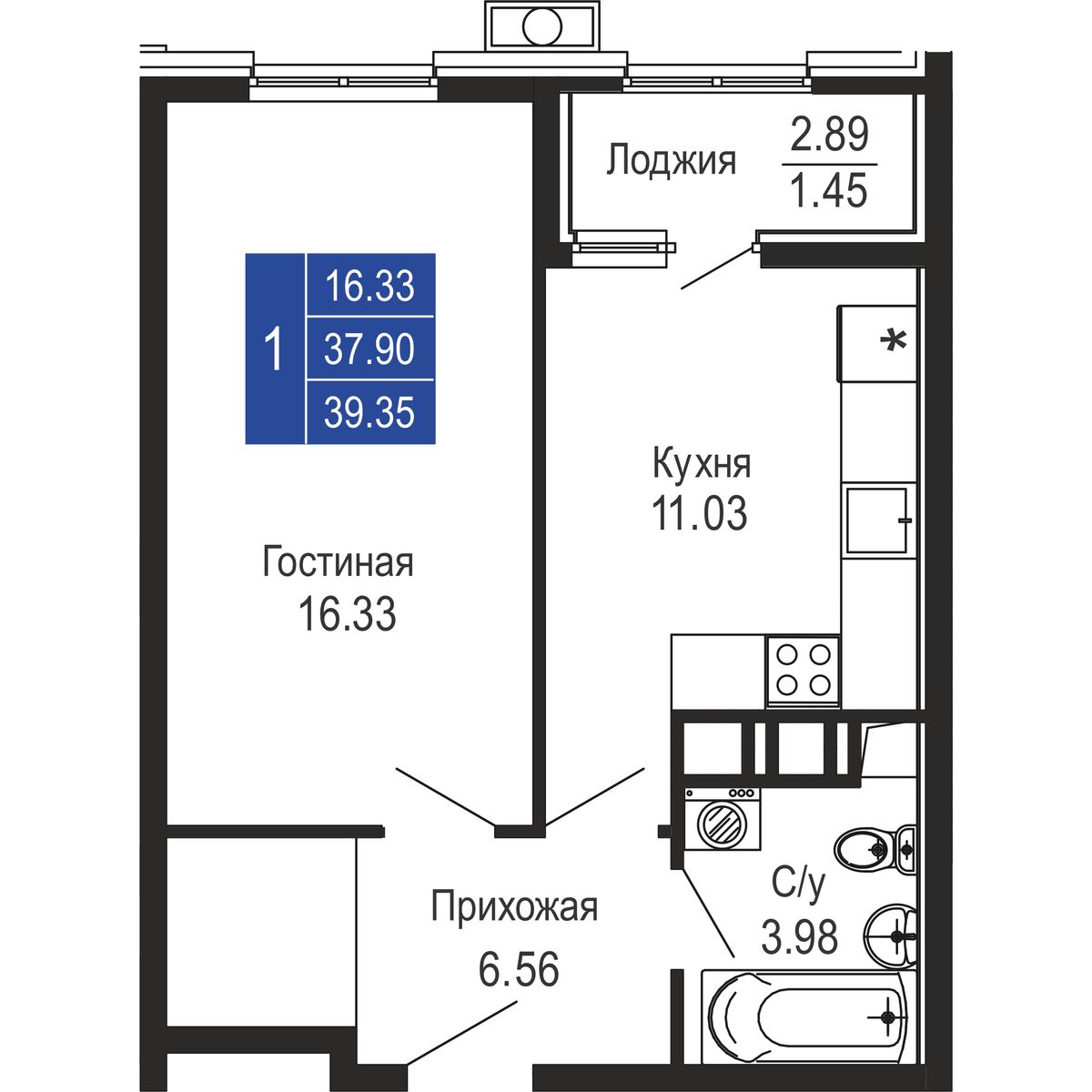 1-к, 39.35 м² · Море