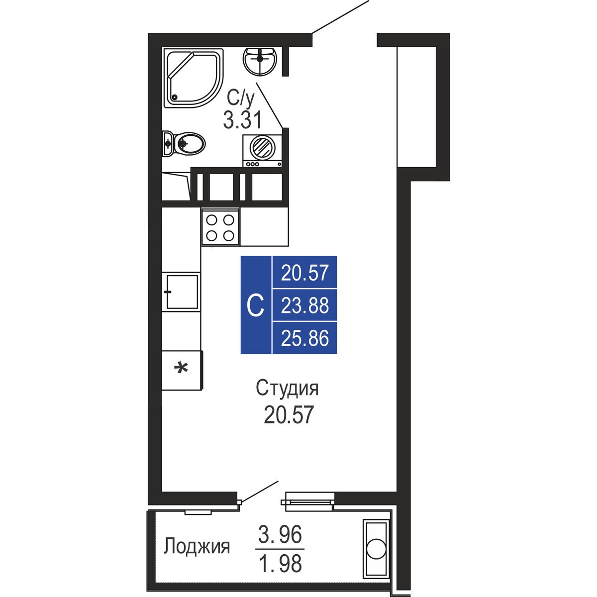 Студия, 25.86 м² · Море