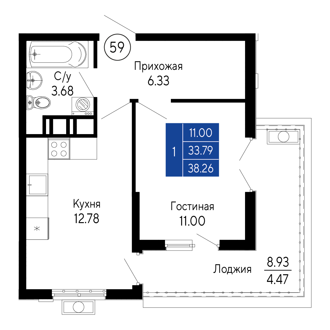 1-к, 38.26 м² · Море