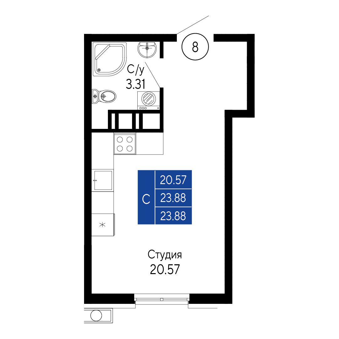 Студия, 23.88 м² · Море