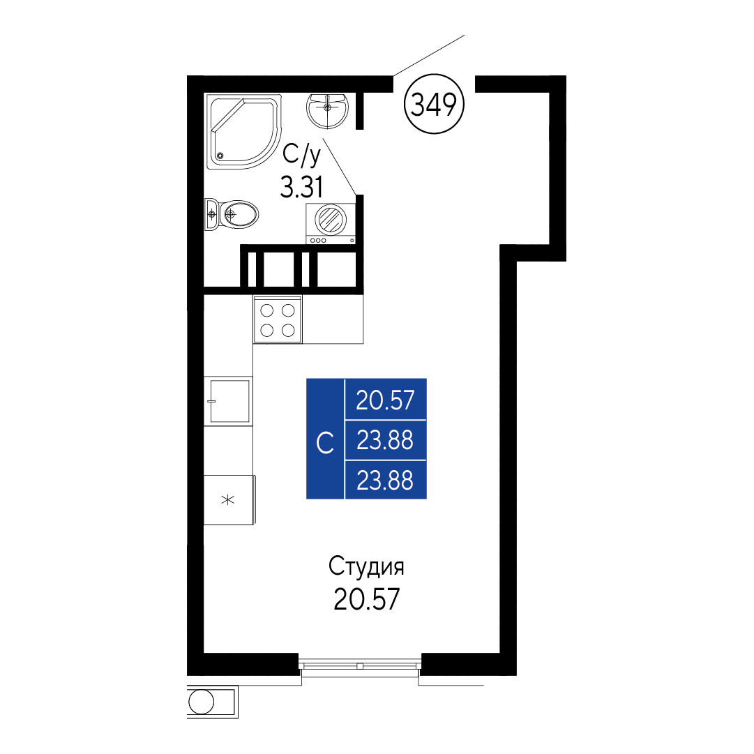 Студия, 23.88 м² · Море
