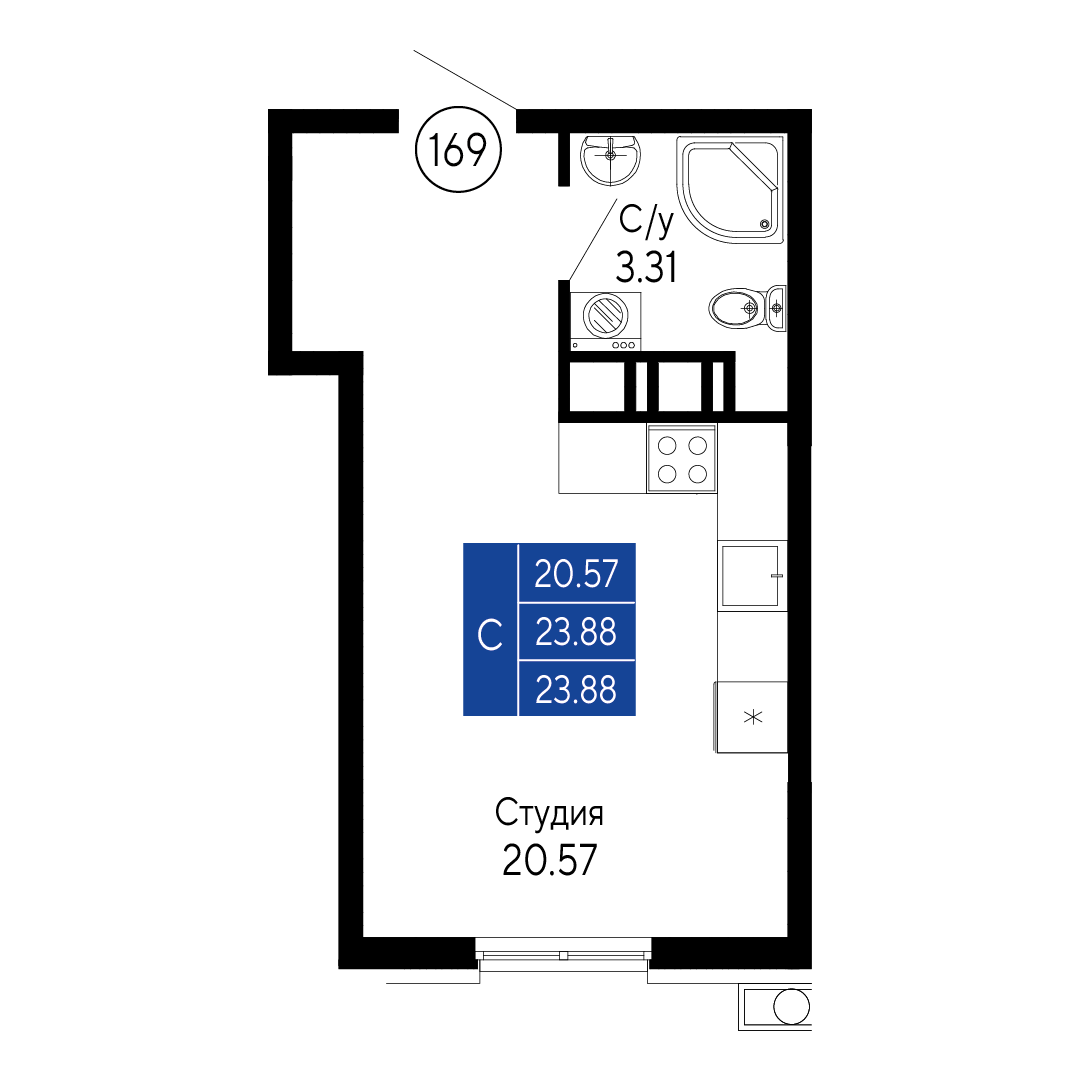 Студия, 23.88 м² · Море