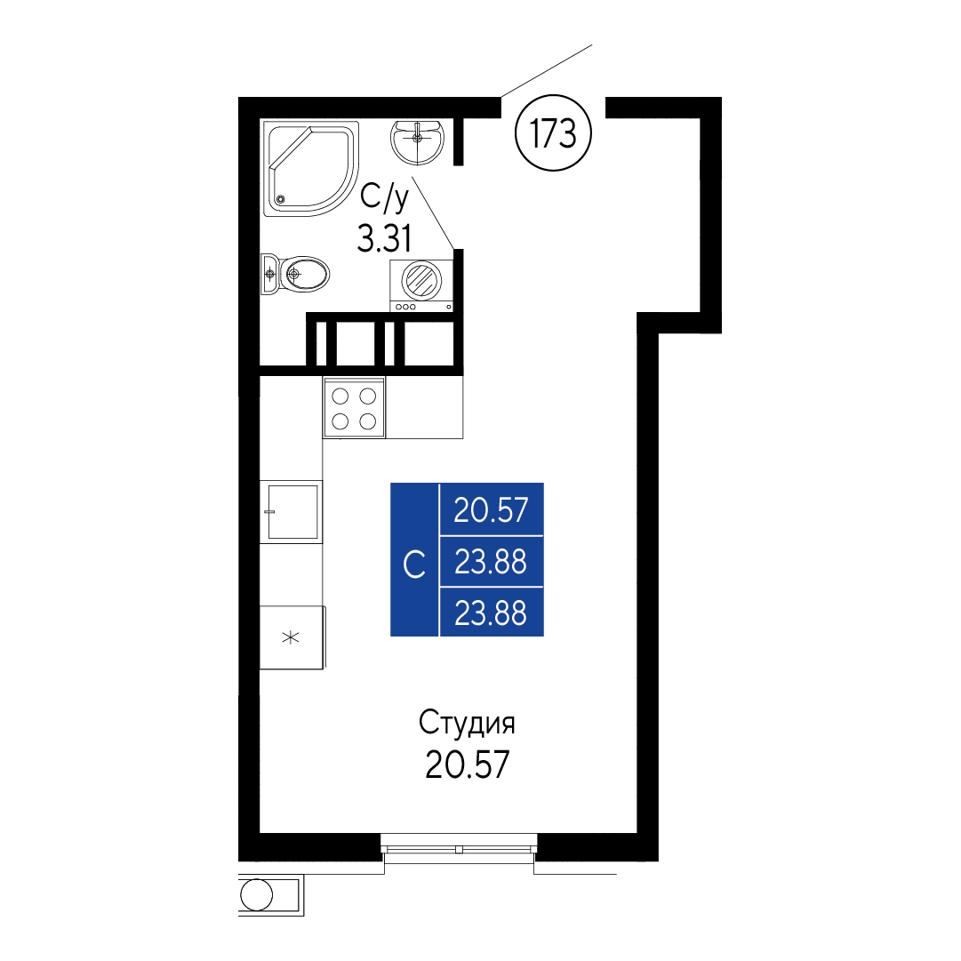 Студия, 23.88 м² · Море
