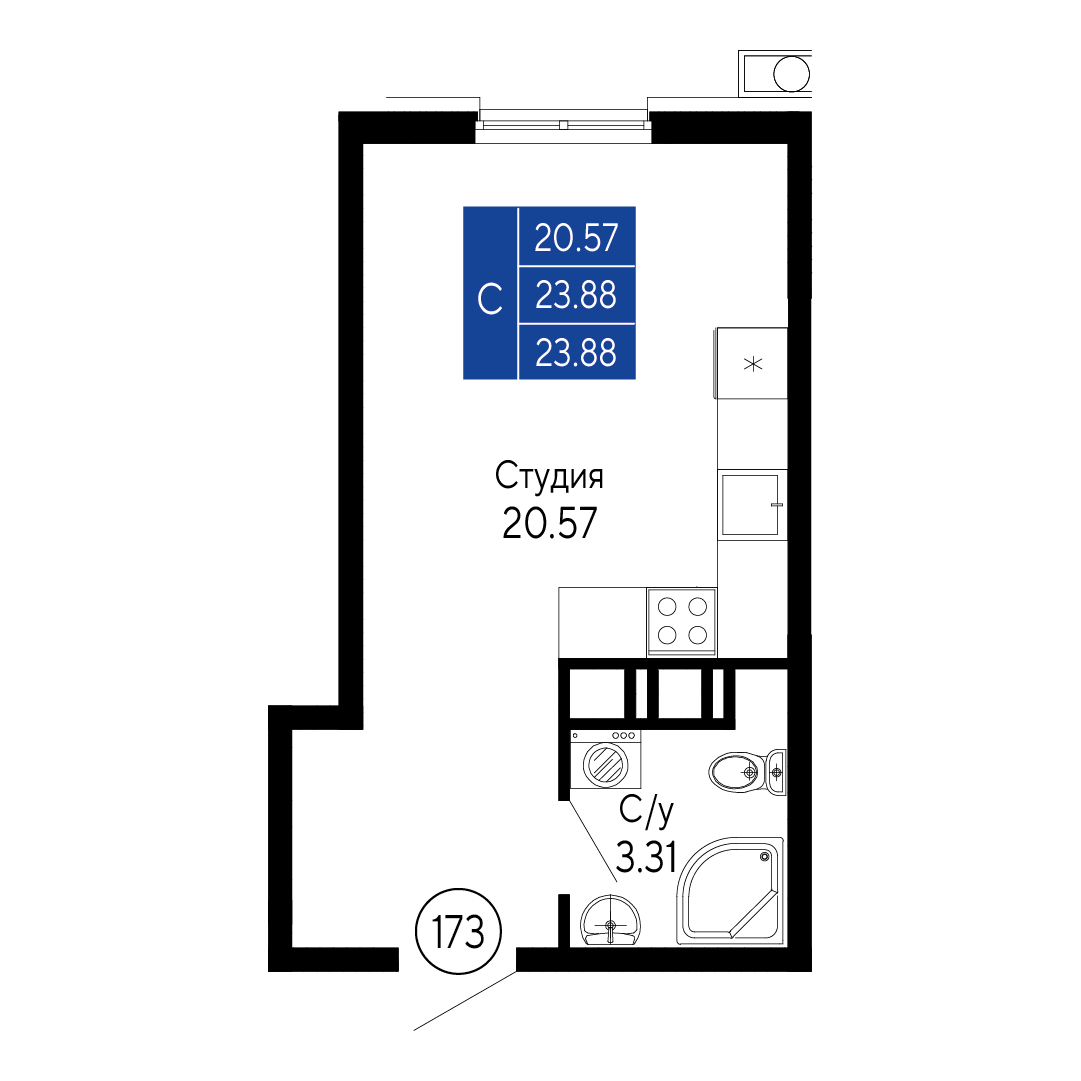 Студия, 23.88 м² · Море