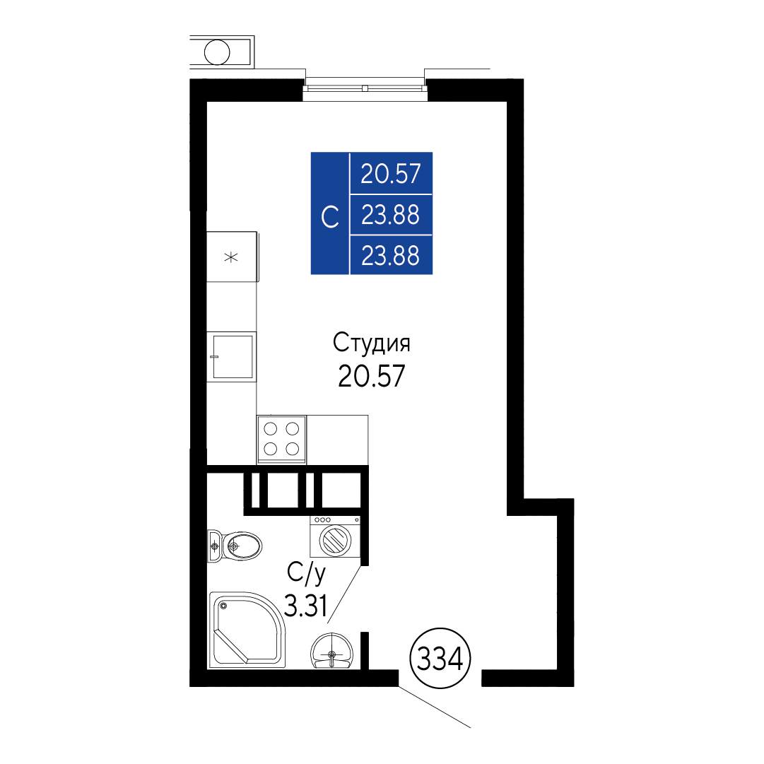 Студия, 23.88 м² · Море
