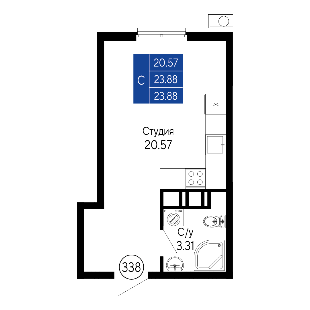 Студия, 23.88 м² · Море