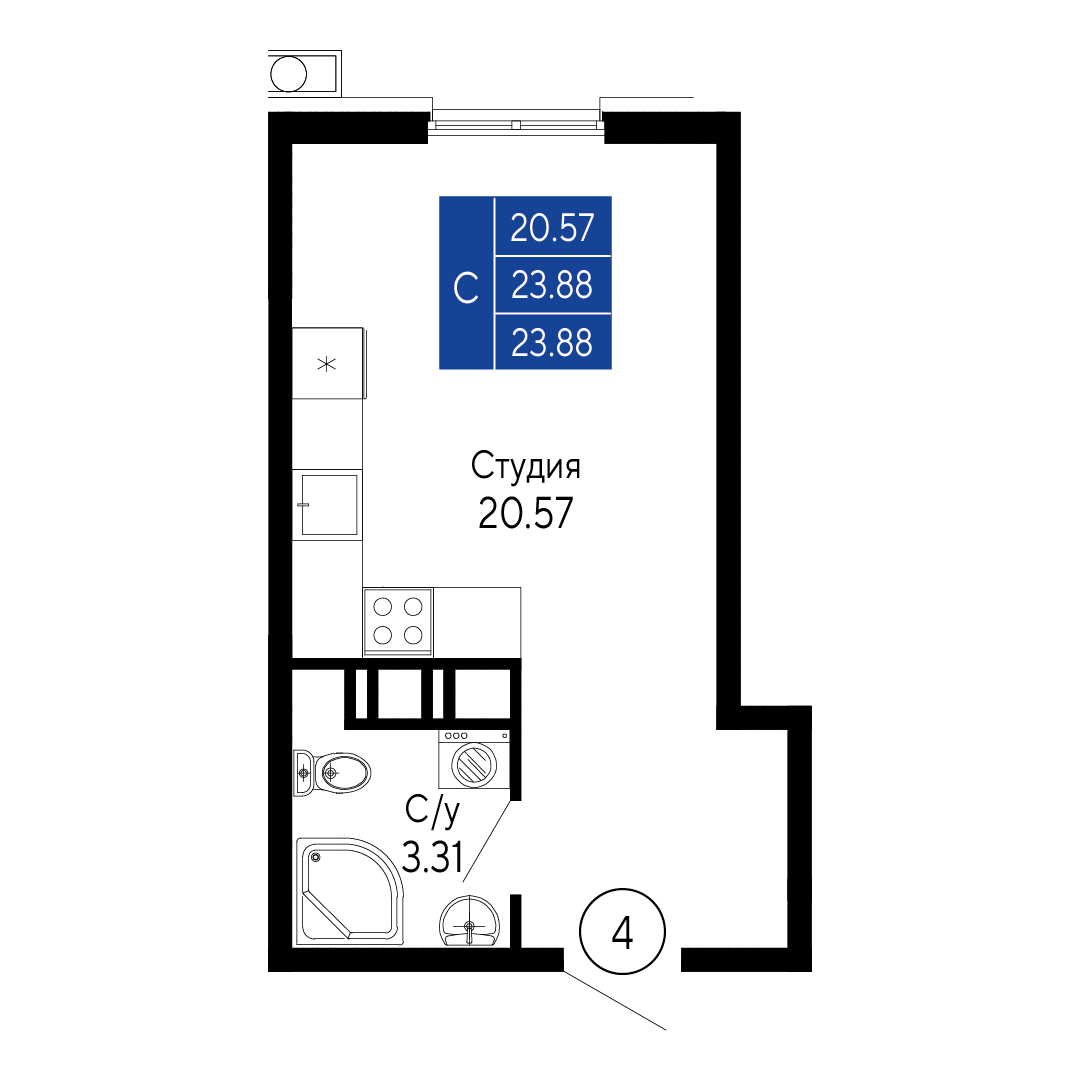 Студия, 23.88 м² · Море