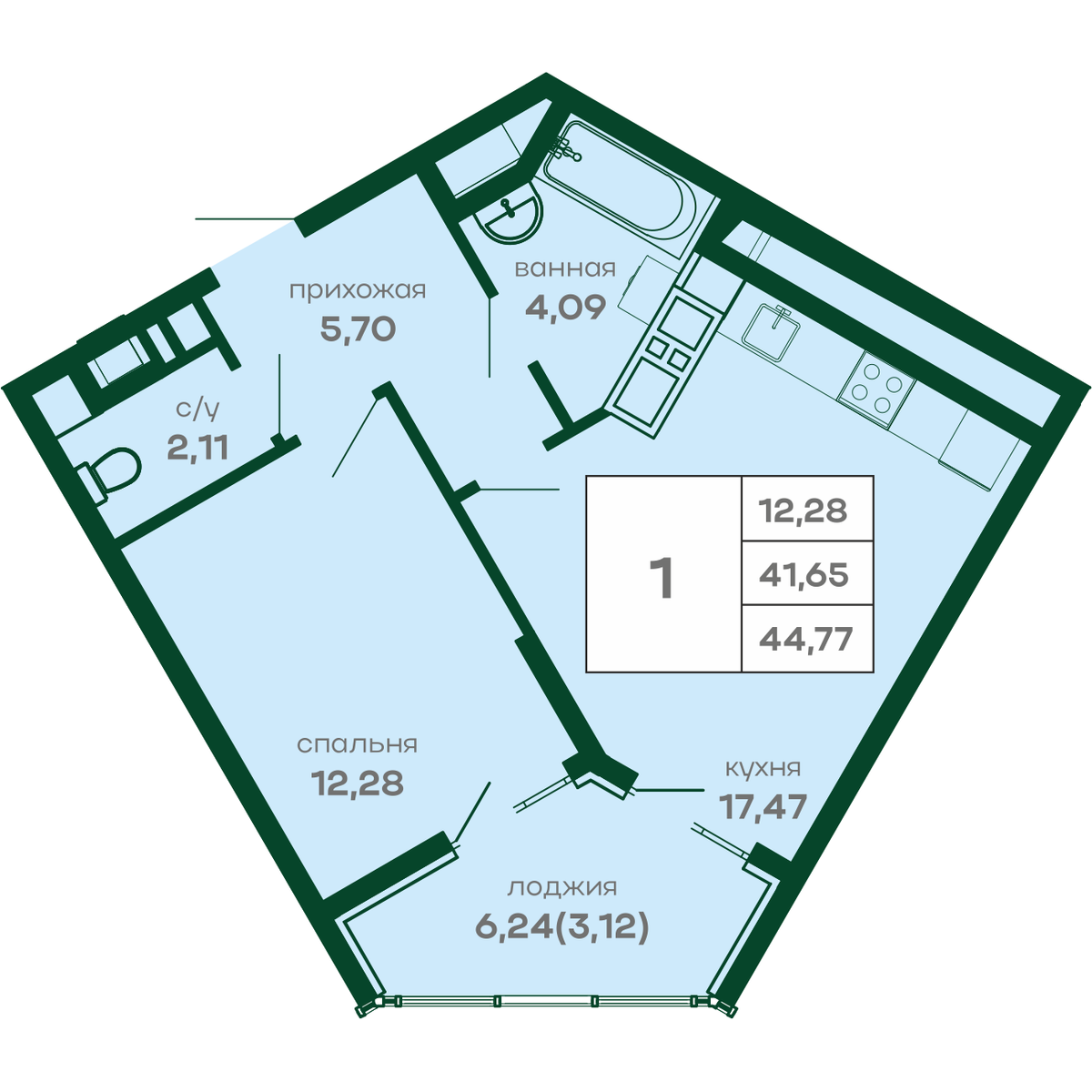 1-к, 44.77 м² · СкайПАРК