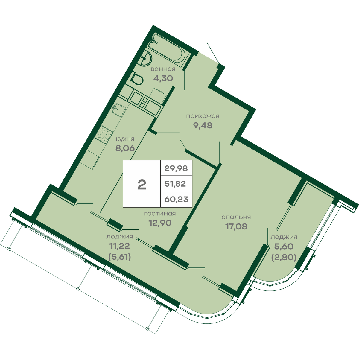 2-к, 60.23 м² · СкайПАРК