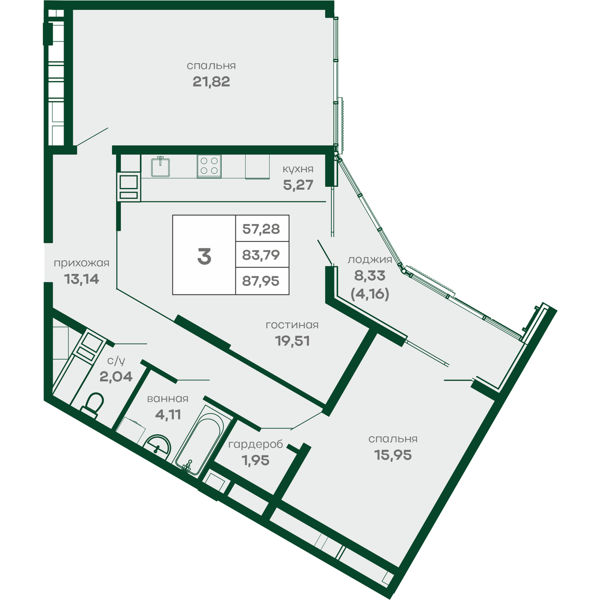 3-к, 87.95 м² · СкайПАРК