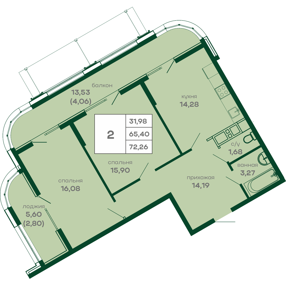 2-к, 72.26 м² · СкайПАРК