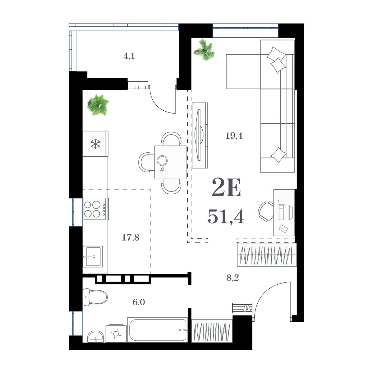 1-комнатная, 54.29 м², № 57 в Амурский