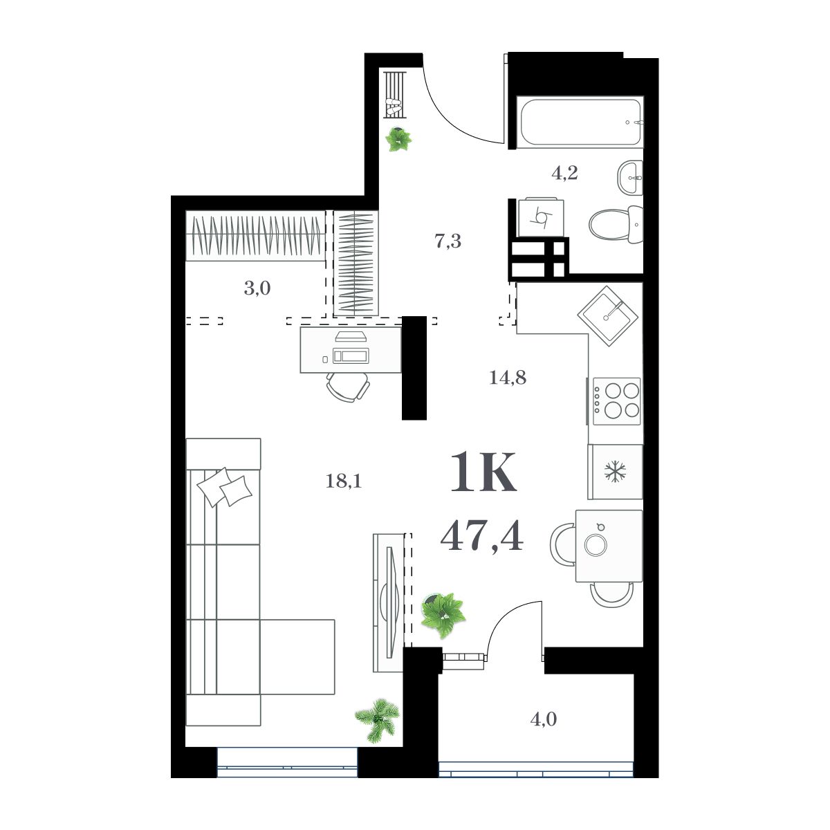 1-комнатная, 50.51 м², № 142 в Амурский