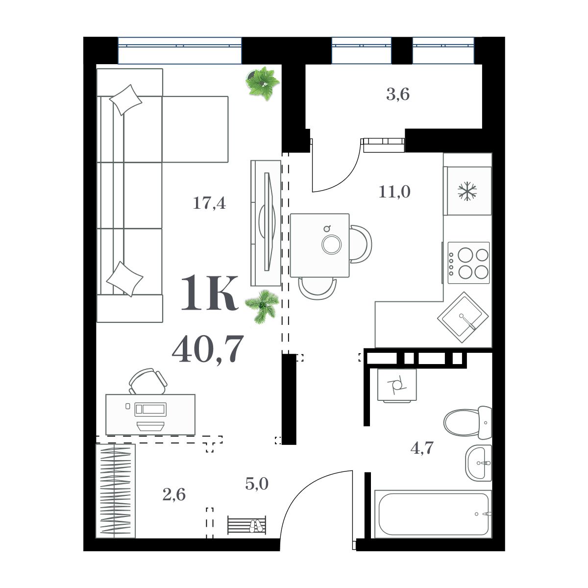 1-комнатная, 42.9 м², № 215 в Амурский