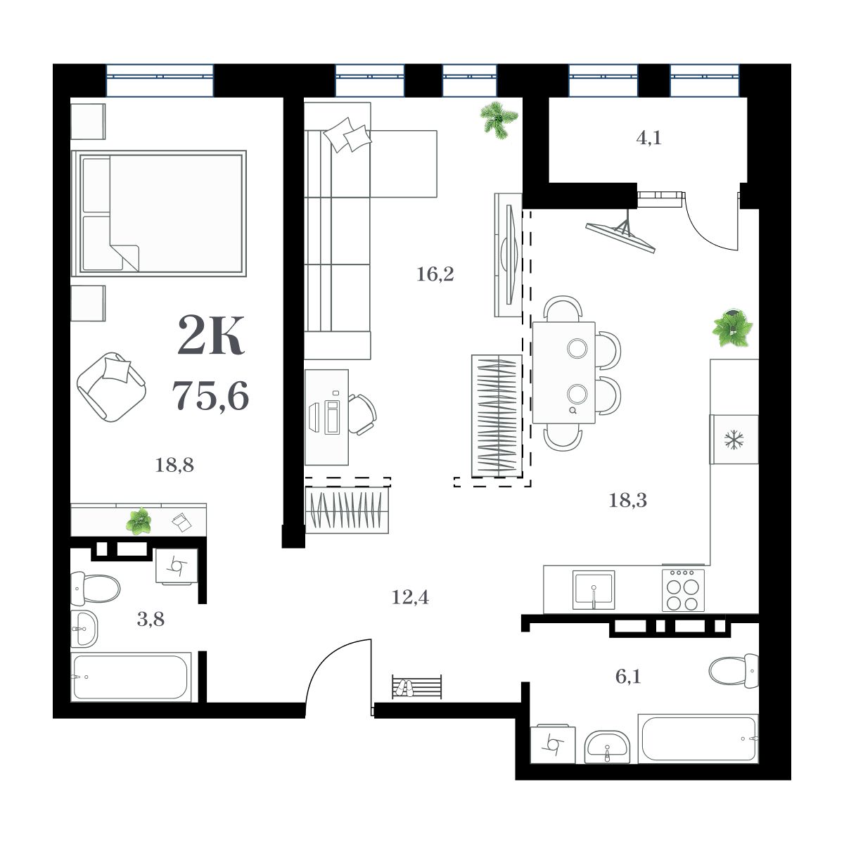 2-комнатная, 75.6 м², № 261 в Амурский