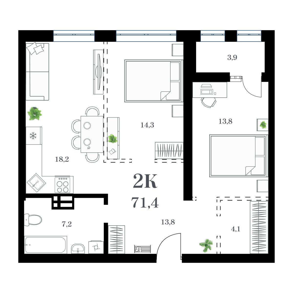 2-комнатная, 74.96 м², № 59 в Амурский