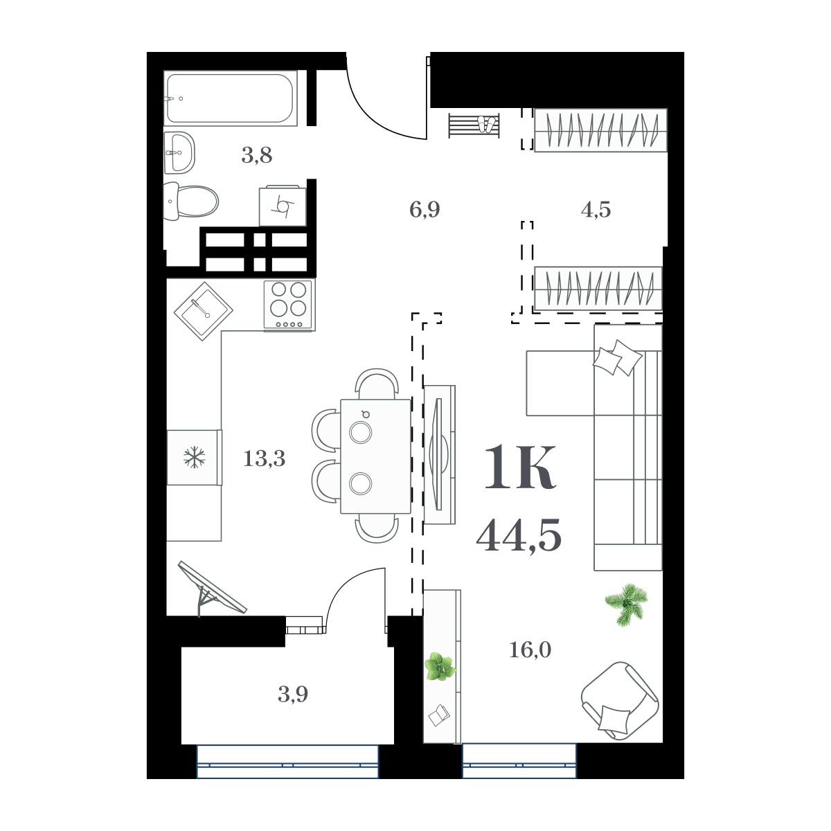 1-комнатная, 46.92 м², № 164 в Амурский