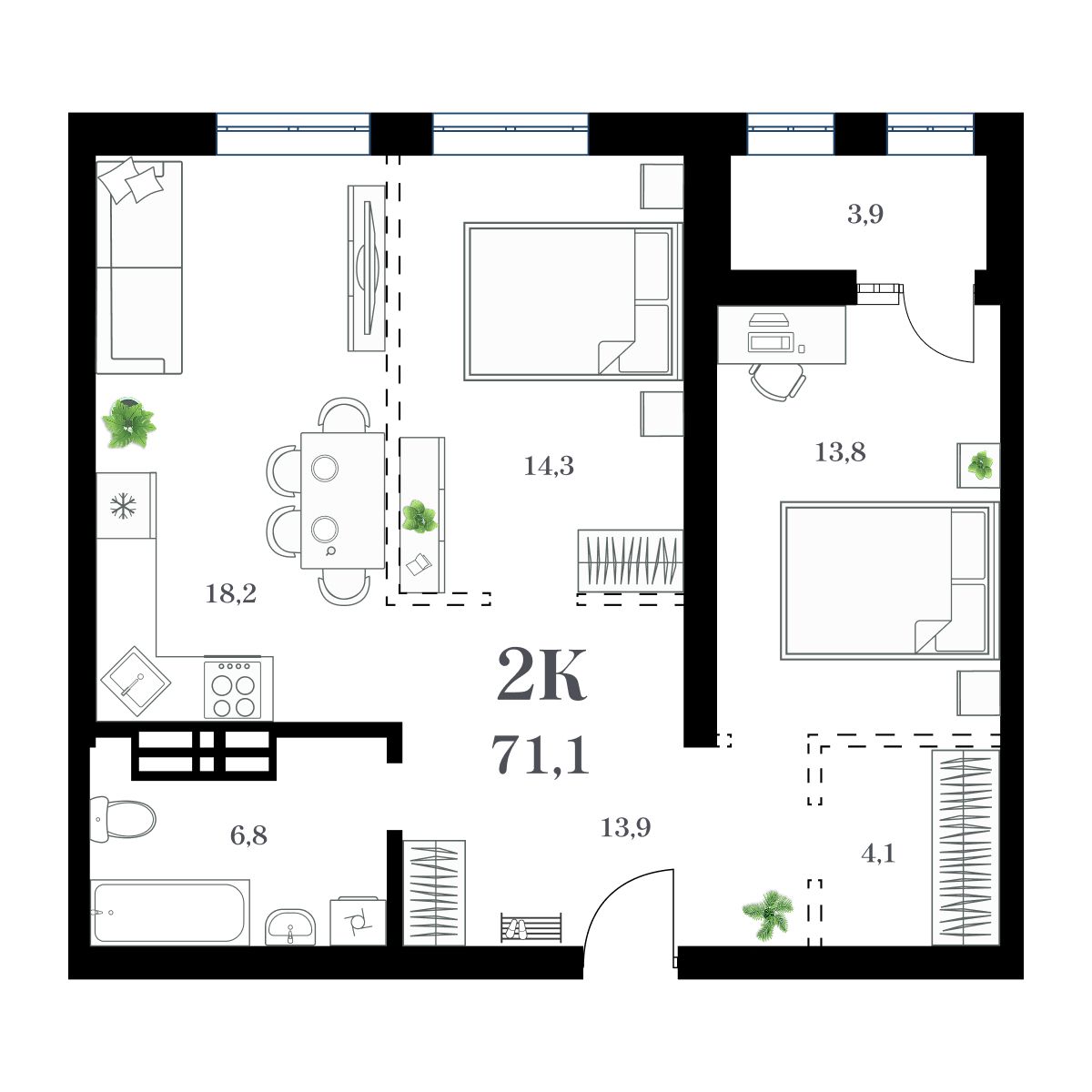 2-комнатная, 74.33 м², № 139 в Амурский