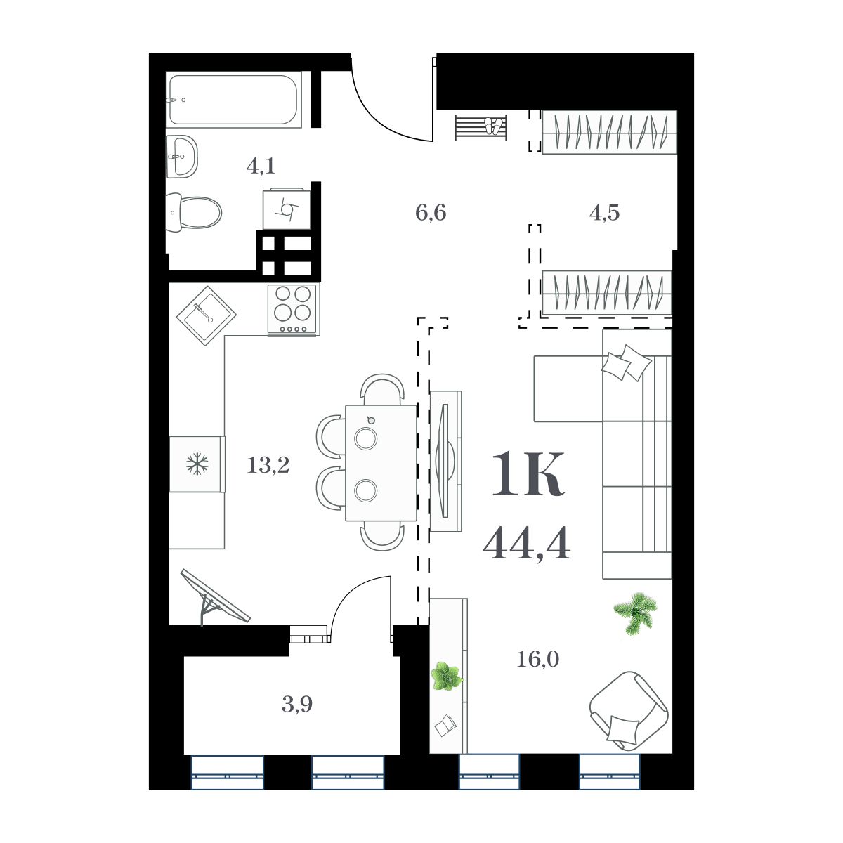 1-комнатная, 47.44 м², № 62 в Амурский