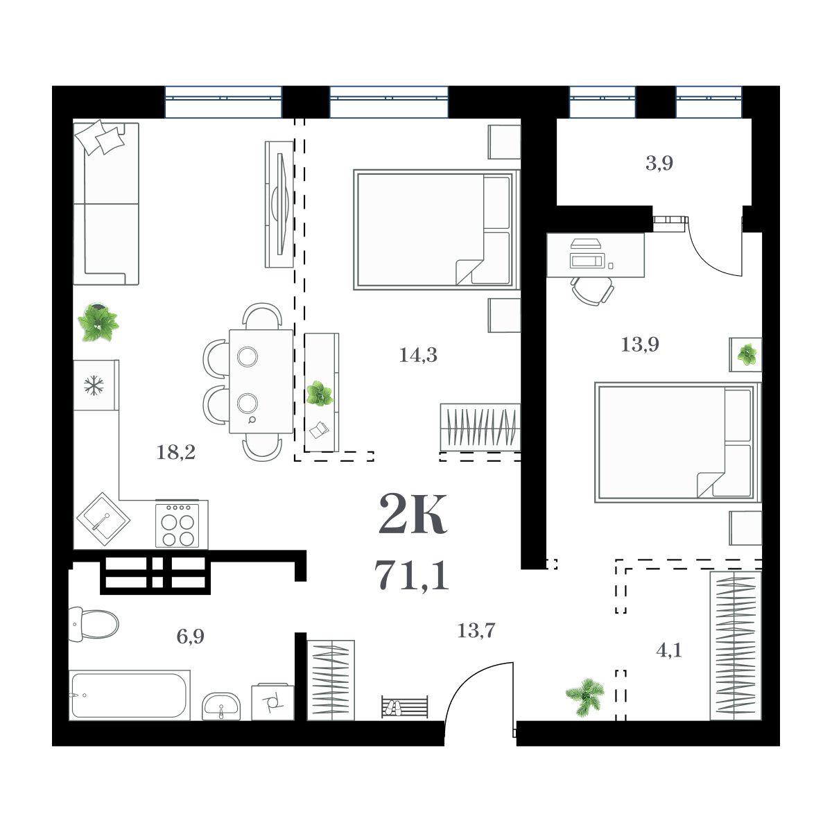 2-комнатная, 71.1 м², № 115 в Амурский