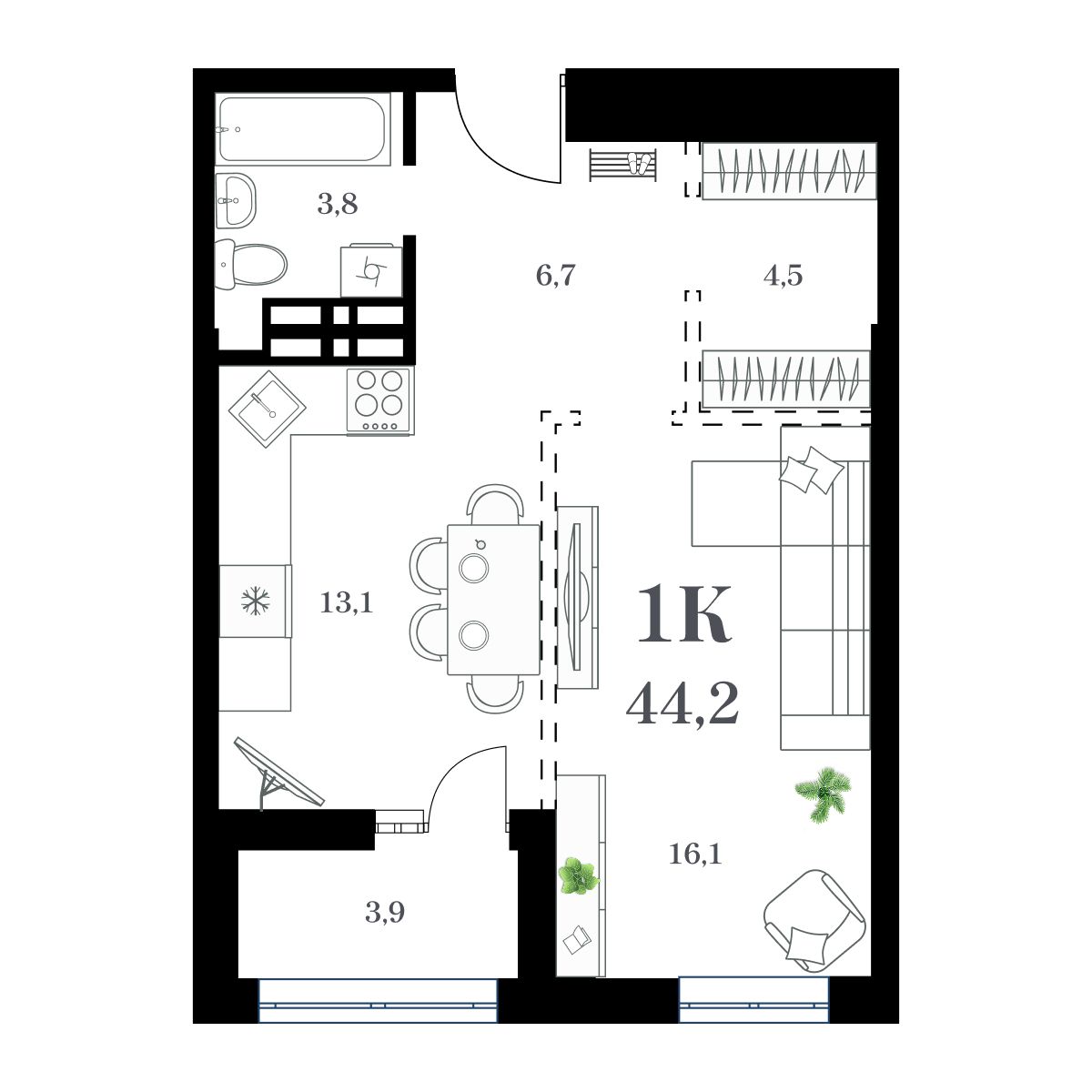 1-комнатная, 46.92 м², № 134 в Амурский