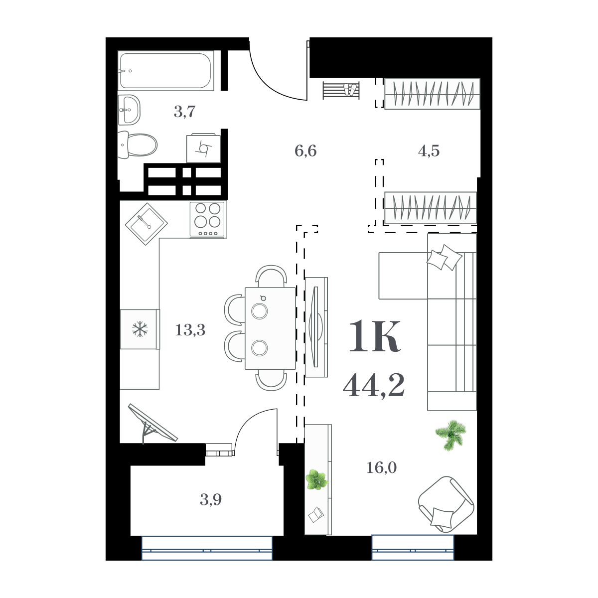 1-комнатная, 46.92 м², № 142 в Амурский