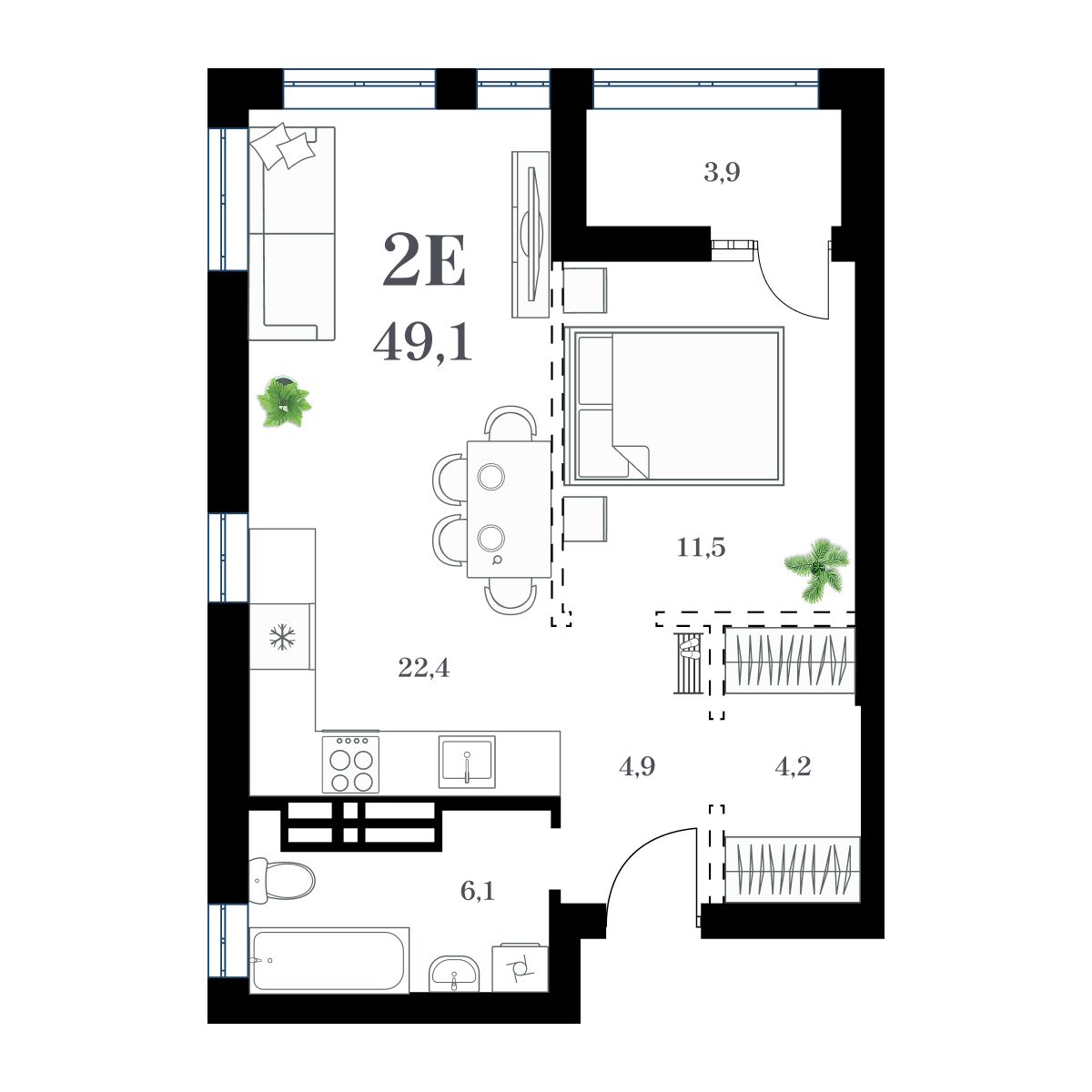 1-комнатная, 51.83 м², № 105 в Амурский