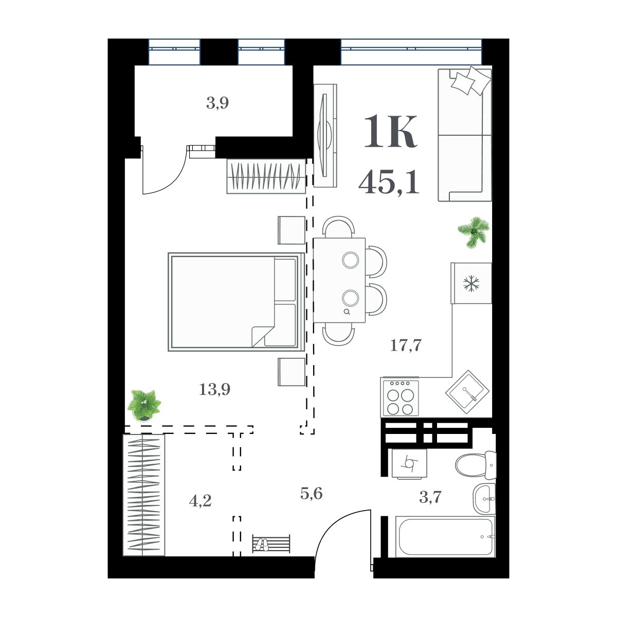 1-комнатная, 48.29 м², № 114 в Амурский