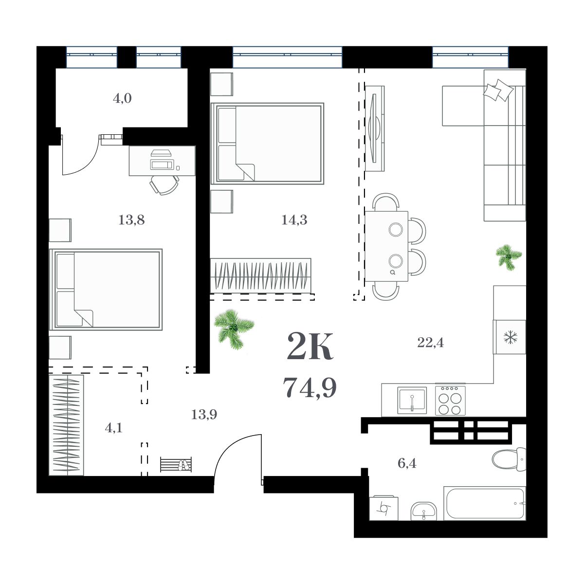 2-комнатная, 78.16 м², № 162 в Амурский