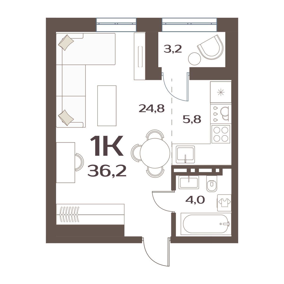 1-комнатная, 36.2 м², № 102 в Меридианы Улисса