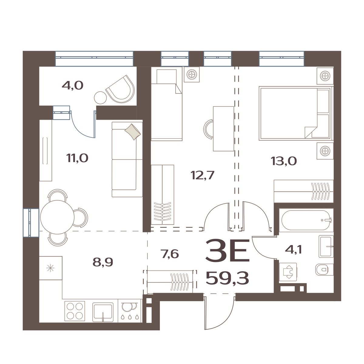 2-комнатная, 59.3 м², № 113 в Меридианы Улисса
