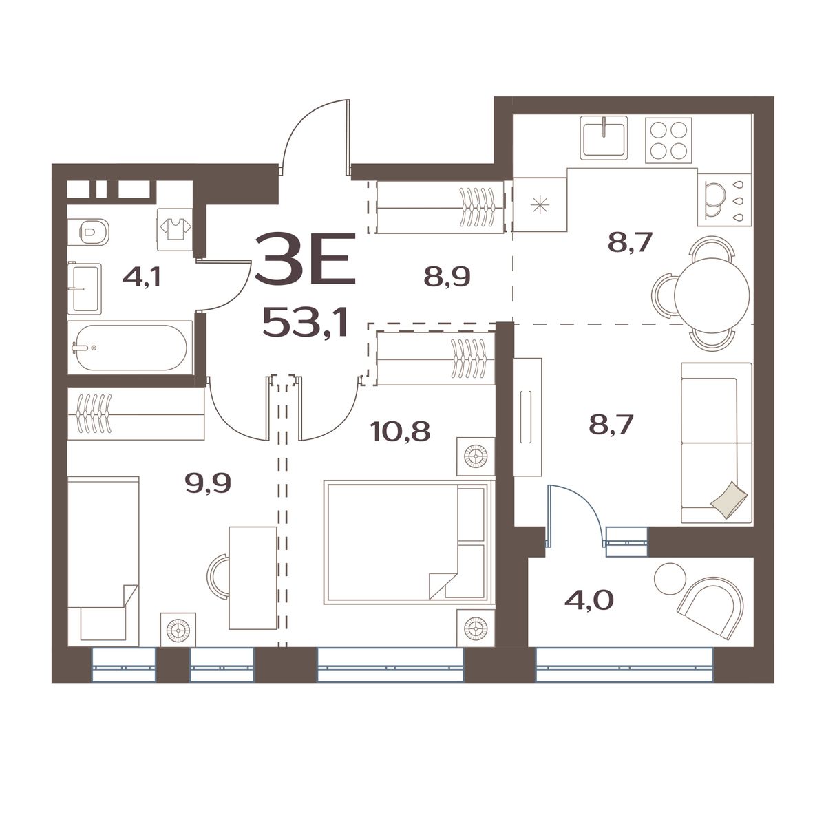 2-комнатная, 53.1 м², № 86 в Меридианы Улисса