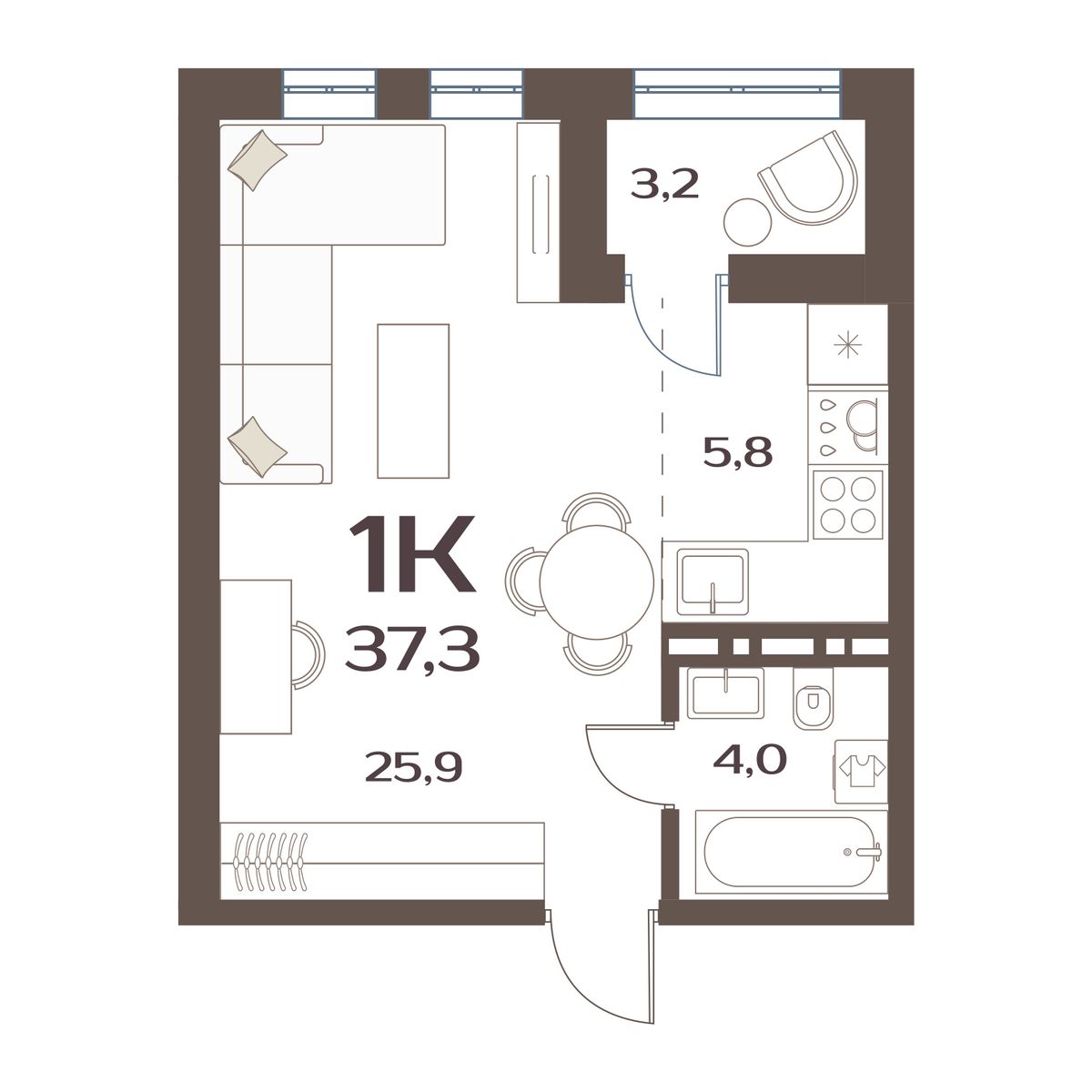 1-комнатная, 37.3 м², № 30 в Меридианы Улисса