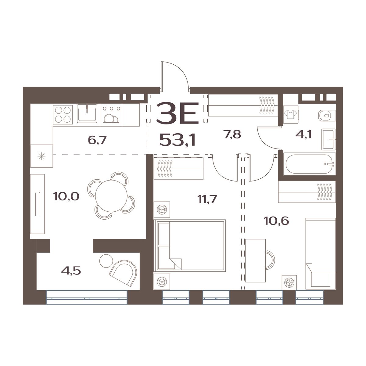 2-комнатная, 53.1 м², № 45 в Меридианы Улисса