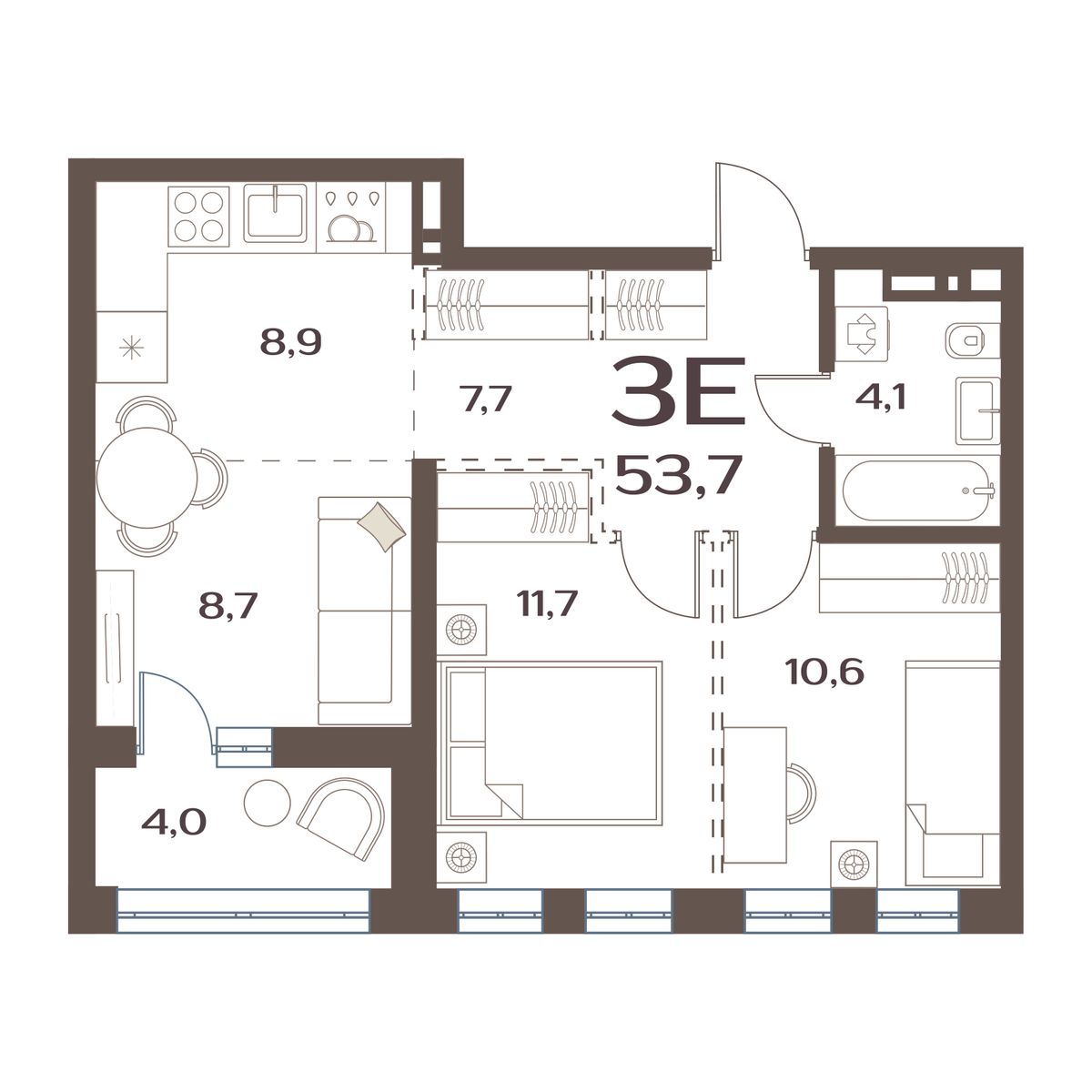 2-комнатная, 53.7 м², № 46 в Меридианы Улисса