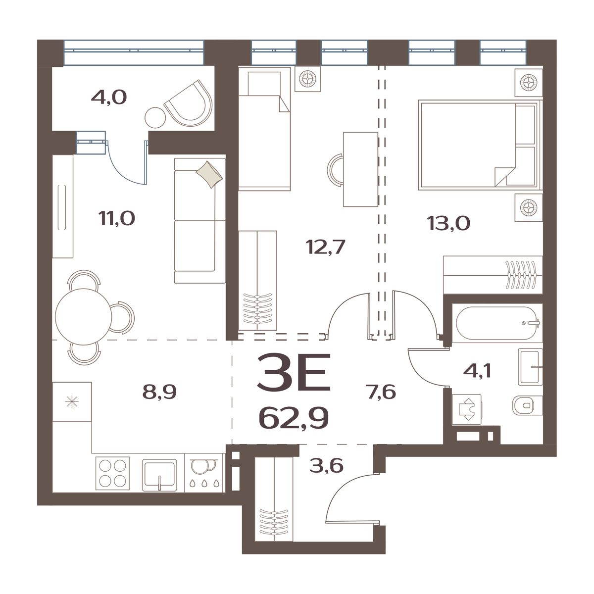 2-комнатная, 62.9 м², № 47 в Меридианы Улисса
