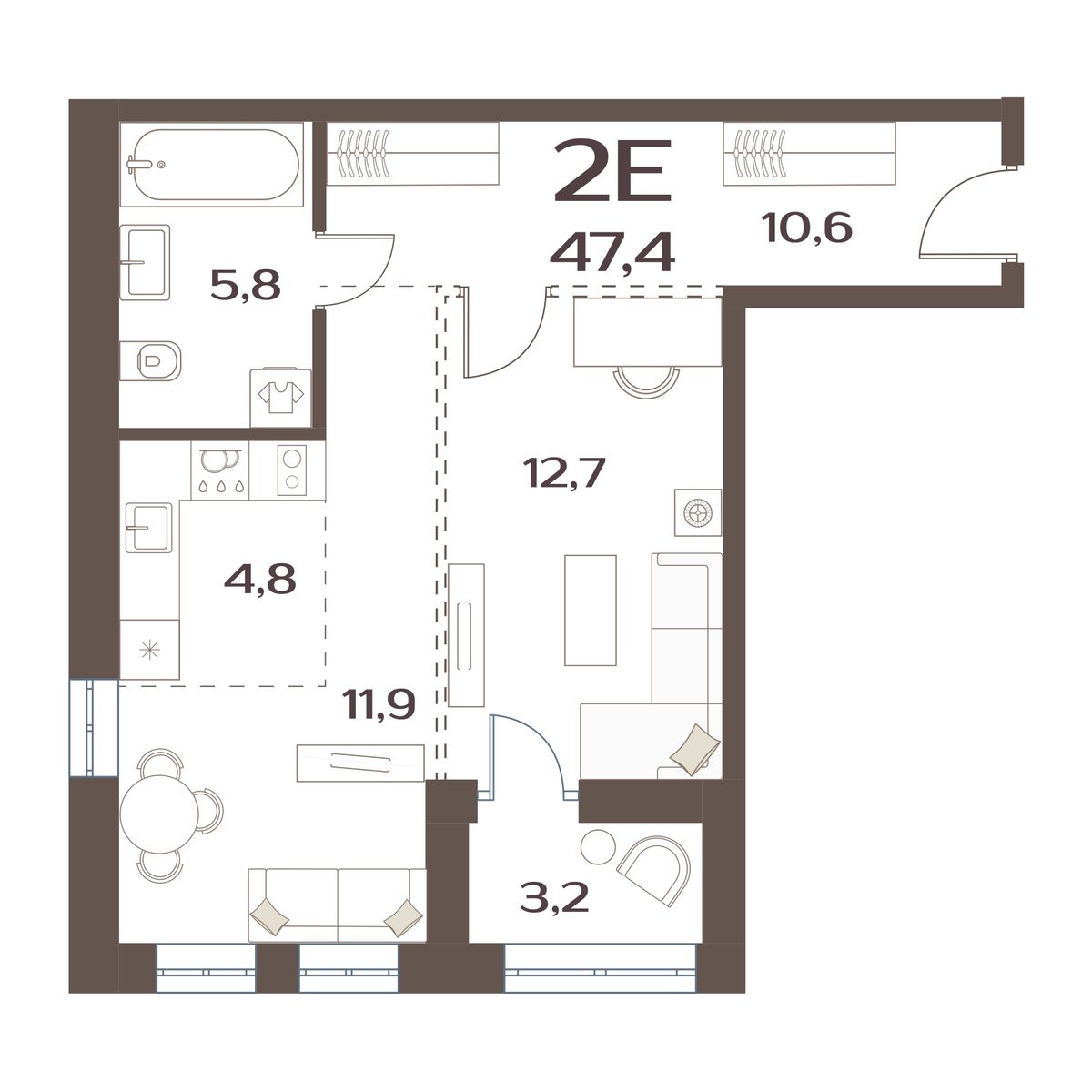1-комнатная, 47.43 м², № 4 в Меридианы Улисса
