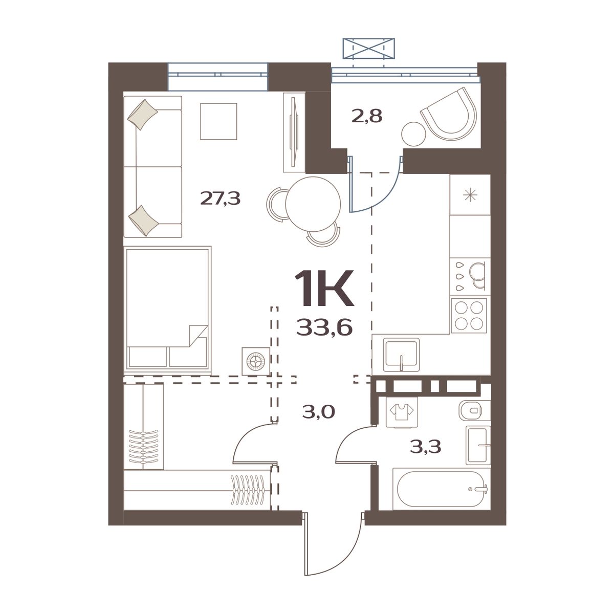 1-комнатная, 33.6 м², № 72 в Меридианы Улисса