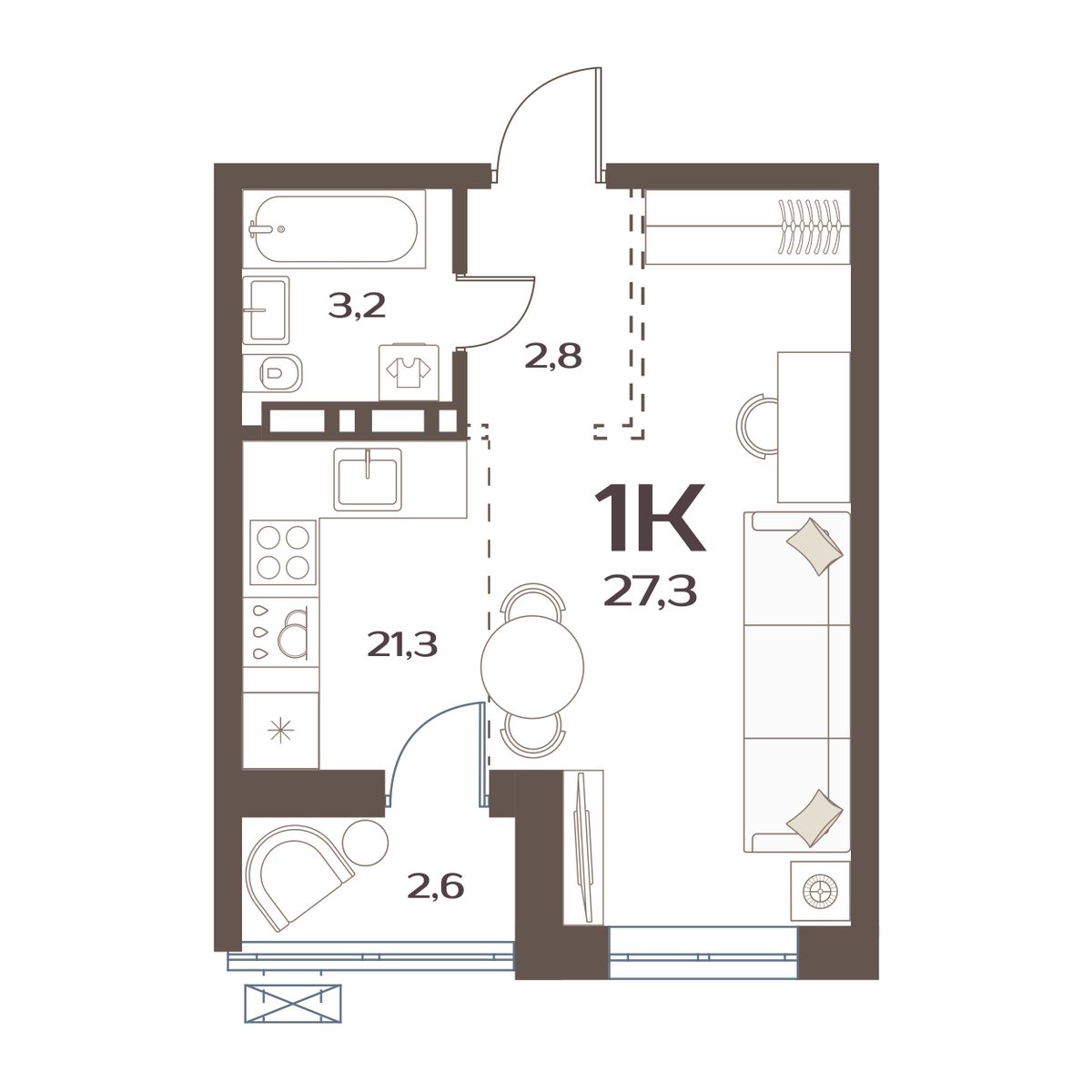 1-комнатная, 27.3 м², № 60 в Меридианы Улисса