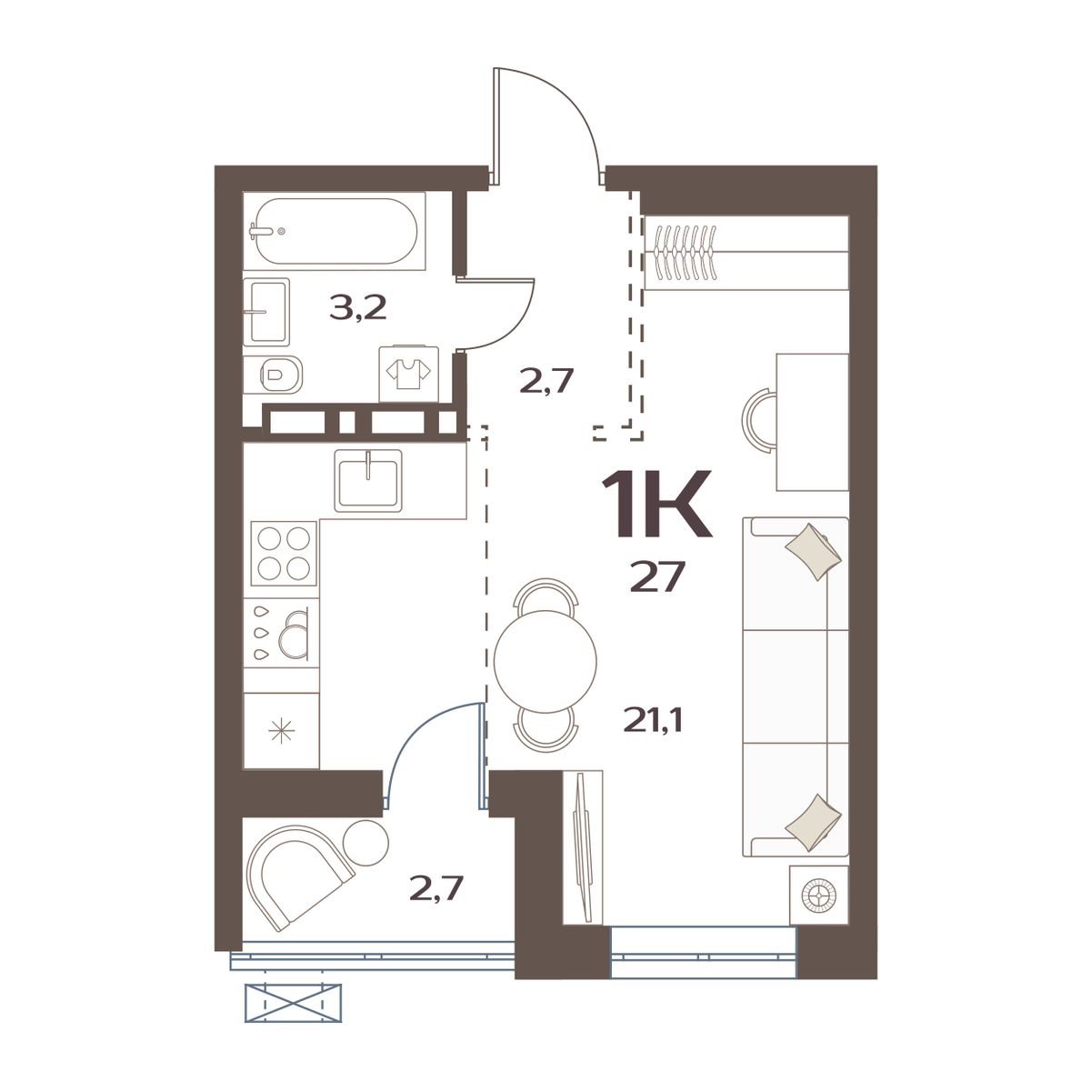 1-комнатная, 27 м², № 132 в Меридианы Улисса