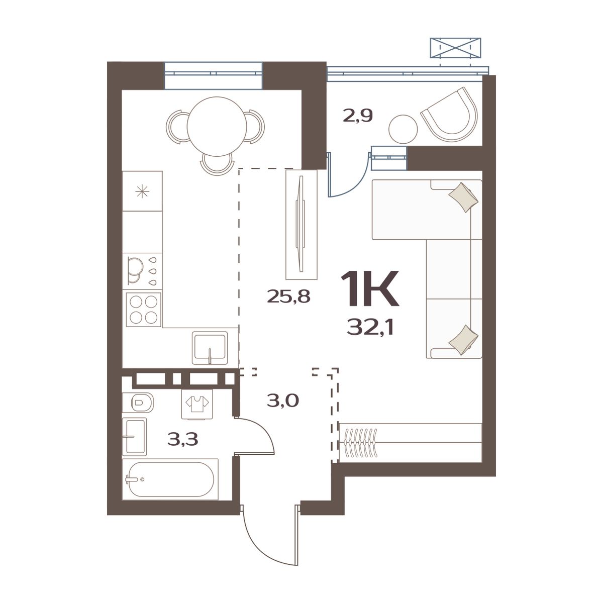 1-комнатная, 32.1 м², № 65 в Меридианы Улисса
